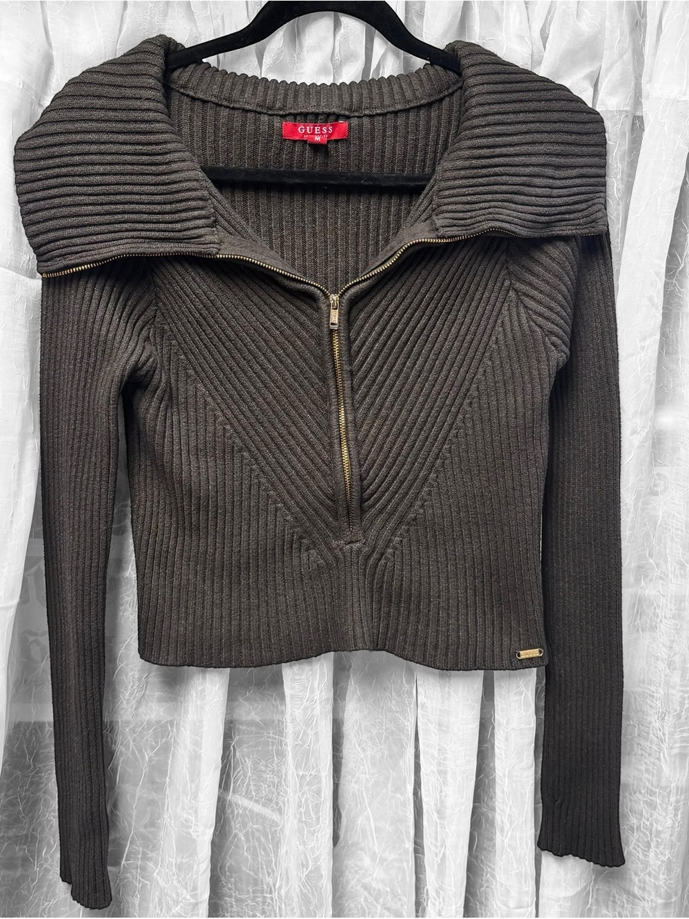 GUESS Women's Ribbed Half-Zip Sweater in Dark Green with Gold Accents